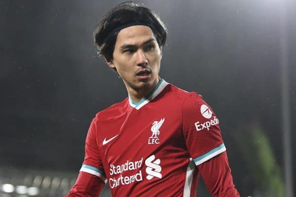 LONDON, ENGLAND - Sunday, December 13, 2020: Liverpool's substitute Takumi Minamino during the FA Premier League match between Fulham FC and Liverpool FC at Craven Cottage. (Pic by David Rawcliffe/Propaganda)