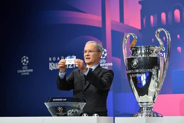 NYON, SWITZERLAND - Monday, December 14, 2020: UEFA Deputy General Secretary Giorgio Marchetti draws out RB Leipzig, to face Liverpool FC, during the UEFA Champions League 2020/21 Round of 16 draw at the UEFA Headquarters, the House of European Football. (Photo Handout/UEFA)