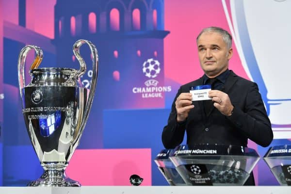 NYON, SWITZERLAND - Monday, December 14, 2020: Special guest Stéphane Chapuisat draws out Liverpool FC during the UEFA Champions League 2020/21 Round of 16 draw at the UEFA Headquarters, the House of European Football. (Photo Handout/UEFA)