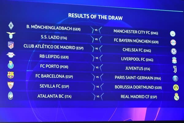 NYON, SWITZERLAND - Monday, December 14, 2020: The completed draw shown on the big screen during the UEFA Champions League 2020/21 Round of 16 draw at the UEFA Headquarters, the House of European Football. (Photo Handout/UEFA)