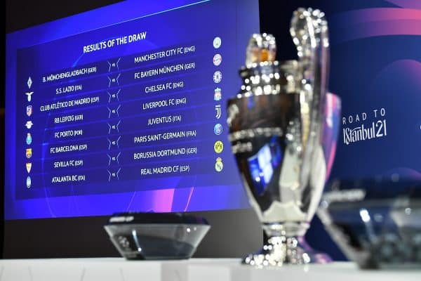 NYON, SWITZERLAND - Monday, December 14, 2020: The completed draw shown on the big screen during the UEFA Champions League 2020/21 Round of 16 draw at the UEFA Headquarters, the House of European Football. (Photo Handout/UEFA)