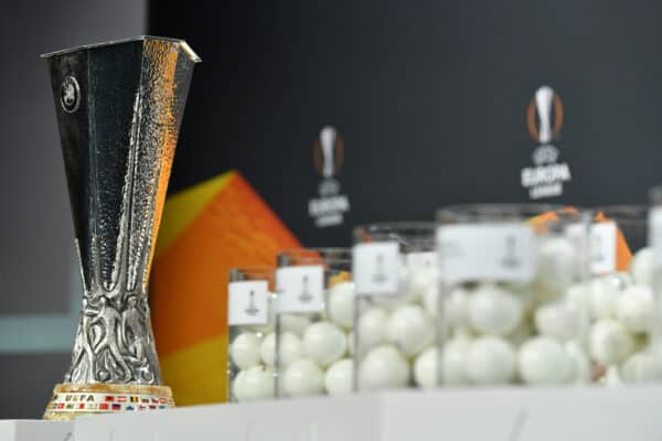 NYON, SWITZERLAND - Monday, December 14, 2020: The UEFA Cup trophy on display during the UEFA Europa League 2020/21 Round of 32 draw at the UEFA Headquarters, the House of European Football. (Photo Handout/UEFA)