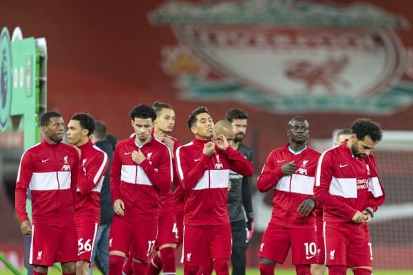 LIVERPOOL, ENGLAND - Wednesday, December 16, 2020: Liverpool players take off their anthem jackets before the FA Premier League match between Liverpool FC and Tottenham Hotspur FC at Anfield. Liverpool won 2-1. (Pic by David Rawcliffe/Propaganda)