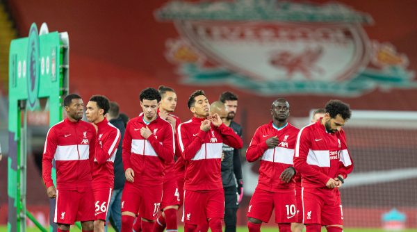 LIVERPOOL, ENGLAND - Wednesday, December 16, 2020: Liverpool players take off their anthem jackets before the FA Premier League match between Liverpool FC and Tottenham Hotspur FC at Anfield. Liverpool won 2-1. (Pic by David Rawcliffe/Propaganda)