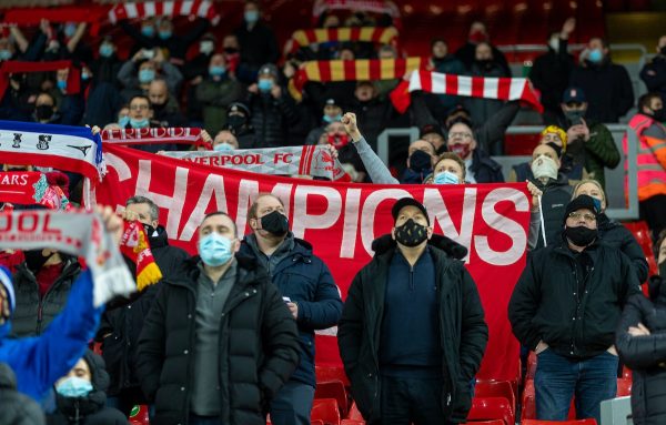 LIVERPOOL, ENGLAND - Wednesday, December 16, 2020: Liverpool supporters sing "You'll Never Walk Alone" on the Spion Kop before the FA Premier League match between Liverpool FC and Tottenham Hotspur FC at Anfield. Liverpool won 2-1. (Pic by David Rawcliffe/Propaganda)