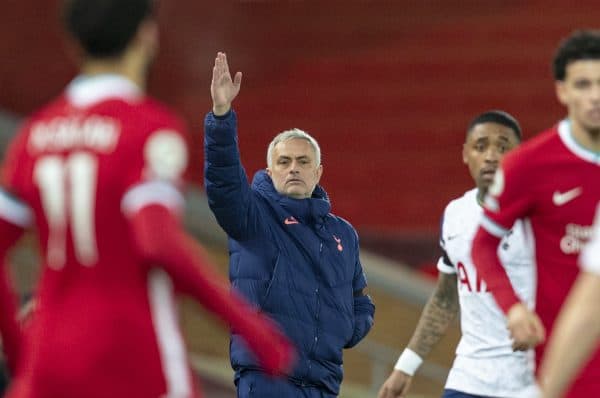 LIVERPOOL, ENGLAND - Wednesday, December 16, 2020: Tottenham Hotspur's manager José Mourinho during the FA Premier League match between Liverpool FC and Tottenham Hotspur FC at Anfield. Liverpool won 2-1. (Pic by David Rawcliffe/Propaganda)