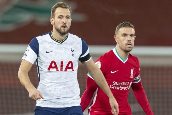 LIVERPOOL, ENGLAND - Wednesday, December 16, 2020: Tottenham Hotspur's Harry Kane (L) and Liverpool's captain Jordan Henderson during the FA Premier League match between Liverpool FC and Tottenham Hotspur FC at Anfield. Liverpool won 2-1. (Pic by David Rawcliffe/Propaganda)