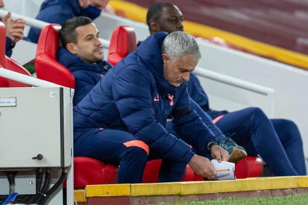 LIVERPOOL, ENGLAND - Wednesday, December 16, 2020: Tottenham Hotspur's manager José Mourinho makes notes during the FA Premier League match between Liverpool FC and Tottenham Hotspur FC at Anfield. Liverpool won 2-1. (Pic by David Rawcliffe/Propaganda)