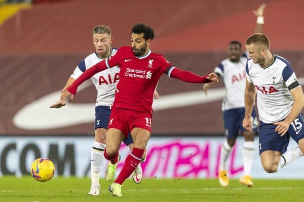 LIVERPOOL, ENGLAND - Wednesday, December 16, 2020: Liverpool's Mohamed Salah during the FA Premier League match between Liverpool FC and Tottenham Hotspur FC at Anfield. Liverpool won 2-1. (Pic by David Rawcliffe/Propaganda)