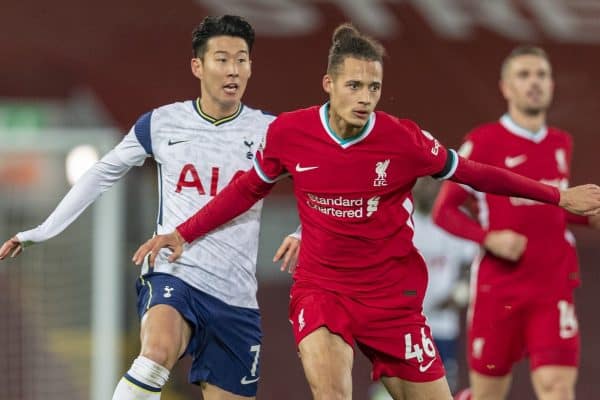 LIVERPOOL, ENGLAND - Wednesday, December 16, 2020: Liverpool's Rhys Williams (R) holds off Tottenham Hotspur's Son Heung-min during the FA Premier League match between Liverpool FC and Tottenham Hotspur FC at Anfield. Liverpool won 2-1. (Pic by David Rawcliffe/Propaganda)