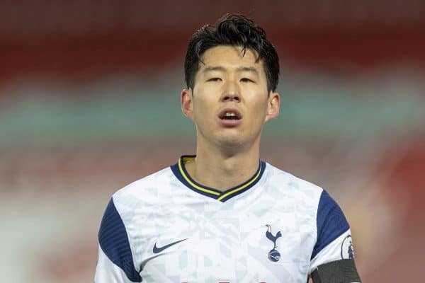 LIVERPOOL, ENGLAND - Wednesday, December 16, 2020: Tottenham Hotspur's Son Heung-min looks dejected after missing a chance during the FA Premier League match between Liverpool FC and Tottenham Hotspur FC at Anfield. Liverpool won 2-1. (Pic by David Rawcliffe/Propaganda)