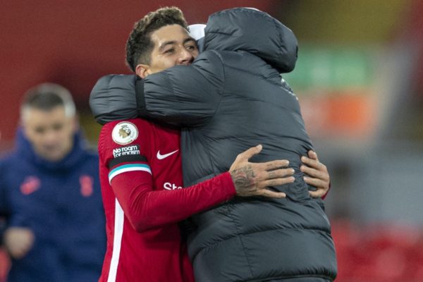 LIVERPOOL, ENGLAND - Wednesday, December 16, 2020: Liverpool's match-winning goal-scorer Roberto Firmino (L) celebrates with manager Jürgen Klopp at the final whistle during the FA Premier League match between Liverpool FC and Tottenham Hotspur FC at Anfield. Liverpool won 2-1. (Pic by David Rawcliffe/Propaganda)