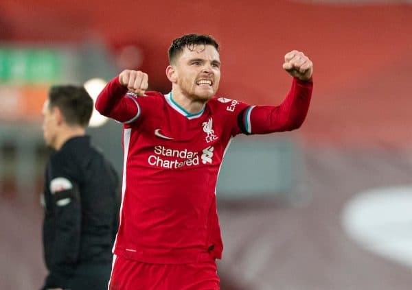 LIVERPOOL, ENGLAND - Wednesday, December 16, 2020: Liverpool's Andy Robertson celebrates at the final whistle during the FA Premier League match between Liverpool FC and Tottenham Hotspur FC at Anfield. Liverpool won 2-1. (Pic by David Rawcliffe/Propaganda)