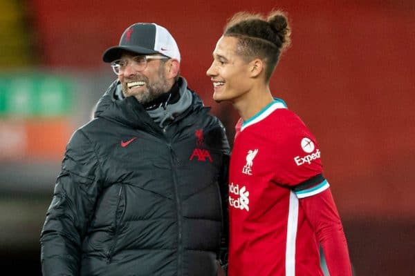 LIVERPOOL, ENGLAND - Wednesday, December 16, 2020: Liverpool's manager Jürgen Klopp celebrates with Rhys Williams at the final whistle during the FA Premier League match between Liverpool FC and Tottenham Hotspur FC at Anfield. Liverpool won 2-1. (Pic by David Rawcliffe/Propaganda)