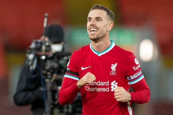 LIVERPOOL, ENGLAND - Wednesday, December 16, 2020: Liverpool's captain Jordan Henderson celebrates at the final whistle during the FA Premier League match between Liverpool FC and Tottenham Hotspur FC at Anfield. Liverpool won 2-1. (Pic by David Rawcliffe/Propaganda)