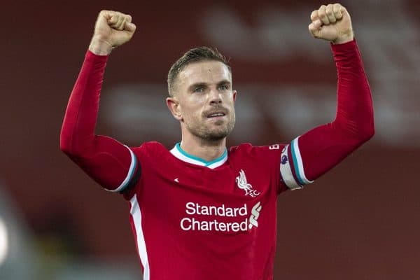 LIVERPOOL, ENGLAND - Wednesday, December 16, 2020: Liverpool's captain Jordan Henderson celebrates at the final whistle during the FA Premier League match between Liverpool FC and Tottenham Hotspur FC at Anfield. Liverpool won 2-1. (Pic by David Rawcliffe/Propaganda)