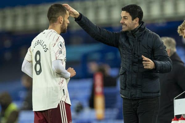 LIVERPOOL, ENGLAND - Saturday, December 19, 2020: Arsenal's manager Mikel Arteta speaks with Dani Ceballos during the FA Premier League match between Everton FC and Arsenal FC at Goodison Park. Everton won 2-1. (Pic by David Rawcliffe/Propaganda)