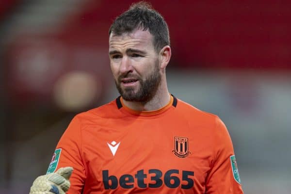 STOKE-ON-TRENT, ENGLAND - Wednesday, December 23, 2020: Stoke City's goalkeeper Andy Lonergan during the Football League Cup Quarter-Final match between Stoke City FC and Tottenham Hotspur FC at the Bet365 Stadium. Tottenham won 3-1. (Pic by Propaganda)