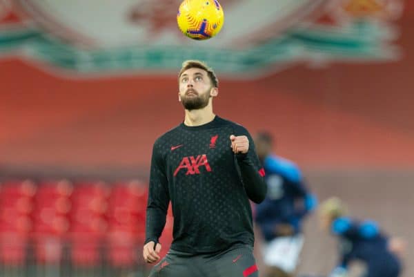 LIVERPOOL, ENGLAND - Sunday, December 27, 2020: Liverpool's Nathaniel Phillips during the pre-match warm-up before the FA Premier League match between Liverpool FC and West Bromwich Albion FC at Anfield. The game ended in a 1-1 draw. (Pic by David Rawcliffe/Propaganda)