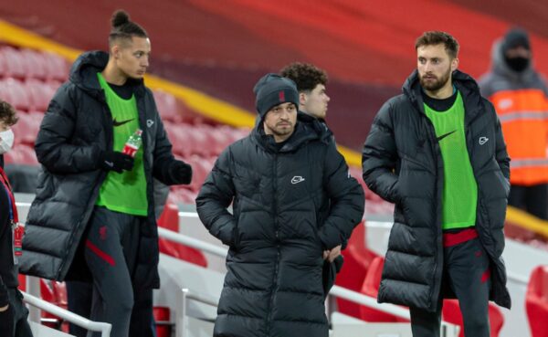 LIVERPOOL, ENGLAND - Sunday, December 27, 2020: Liverpool's substitutes Rhys Williams, Xherdan Shaqiri and Nathaniel Phillips before the FA Premier League match between Liverpool FC and West Bromwich Albion FC at Anfield. The game ended in a 1-1 draw. (Pic by David Rawcliffe/Propaganda)