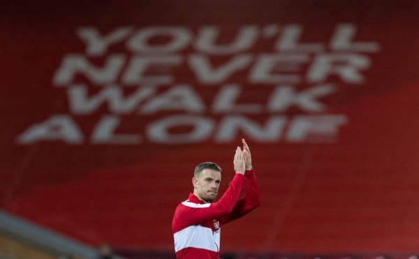 LIVERPOOL, ENGLAND - Sunday, December 27, 2020: Liverpool's captain Jordan Henderson applauds the supporters as he leads his side before during the FA Premier League match between Liverpool FC and West Bromwich Albion FC at Anfield. The game ended in a 1-1 draw. (Pic by David Rawcliffe/Propaganda)