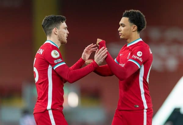 LIVERPOOL, ENGLAND - Sunday, December 27, 2020: Liverpool's Trent Alexander-Arnold (R) and Andy Robertson before the FA Premier League match between Liverpool FC and West Bromwich Albion FC at Anfield. The game ended in a 1-1 draw. (Pic by David Rawcliffe/Propaganda)