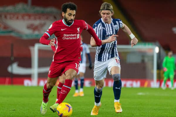 LIVERPOOL, ENGLAND - Sunday, December 27, 2020: Liverpool's Mohamed Salah (L) and West Bromwich Albion's Conor Gallagher during the FA Premier League match between Liverpool FC and West Bromwich Albion FC at Anfield. The game ended in a 1-1 draw. (Pic by David Rawcliffe/Propaganda)