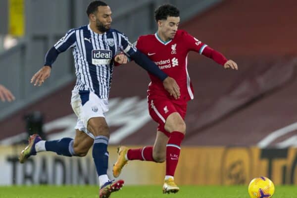 LIVERPOOL, ENGLAND - Sunday, December 27, 2020: Liverpool's Curtis Jones (R) during the FA Premier League match between Liverpool FC and West Bromwich Albion FC at Anfield. The game ended in a 1-1 draw. (Pic by David Rawcliffe/Propaganda)