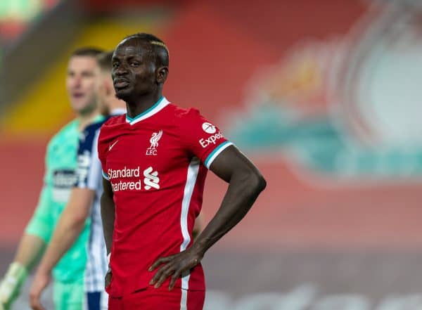 LIVERPOOL, ENGLAND - Sunday, December 27, 2020: Liverpool's Sadio Mané looks dejected after missing a chance during the FA Premier League match between Liverpool FC and West Bromwich Albion FC at Anfield. The game ended in a 1-1 draw. (Pic by David Rawcliffe/Propaganda)