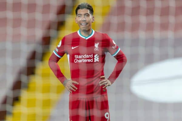 LIVERPOOL, ENGLAND - Sunday, December 27, 2020: Liverpool's Roberto Firmino looks dejected after missing a chance during the FA Premier League match between Liverpool FC and West Bromwich Albion FC at Anfield. The game ended in a 1-1 draw. (Pic by David Rawcliffe/Propaganda)