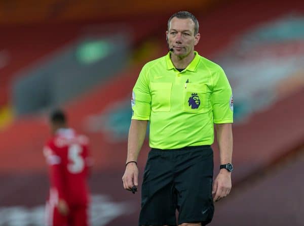 LIVERPOOL, ENGLAND - Sunday, December 27, 2020: Referee Kevin Friend during the FA Premier League match between Liverpool FC and West Bromwich Albion FC at Anfield. The game ended in a 1-1 draw. (Pic by David Rawcliffe/Propaganda)