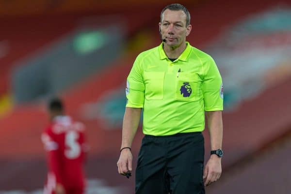 LIVERPOOL, ENGLAND - Sunday, December 27, 2020: Referee Kevin Friend during the FA Premier League match between Liverpool FC and West Bromwich Albion FC at Anfield. The game ended in a 1-1 draw. (Pic by David Rawcliffe/Propaganda)