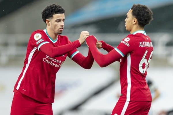 NEWCASTLE-UPON-TYNE, ENGLAND - Wednesday, December 30, 2020: Liverpool’s Curtis Jones (L) and Trent Alexander-Arnold before the FA Premier League match between Newcastle United FC and Liverpool FC at St. James’ Park. The game ended in a goal-less draw. (Pic by David Rawcliffe/Propaganda)