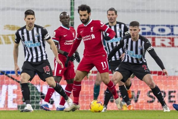 NEWCASTLE-UPON-TYNE, ENGLAND - Wednesday, December 30, 2020: Liverpool’s Mohamed Salah is surrounded by Newcastle United players during the FA Premier League match between Newcastle United FC and Liverpool FC at St. James’ Park. The game ended in a goal-less draw. (Pic by David Rawcliffe/Propaganda)