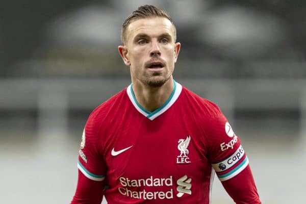 NEWCASTLE-UPON-TYNE, ENGLAND - Wednesday, December 30, 2020: Liverpool’s captain Jordan Henderson during the FA Premier League match between Newcastle United FC and Liverpool FC at St. James’ Park. The game ended in a goal-less draw. (Pic by David Rawcliffe/Propaganda)