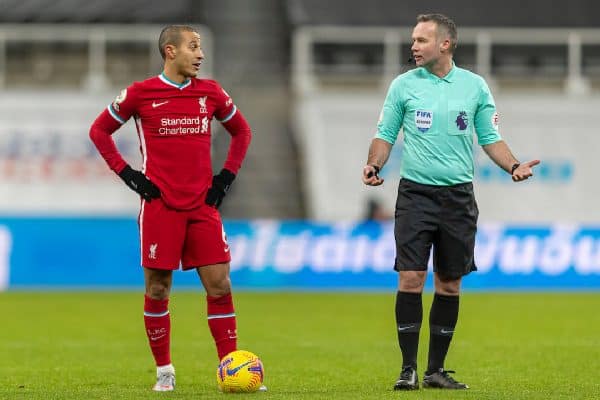 NEWCASTLE-UPON-TYNE, ENGLAND - Wednesday, December 30, 2020: Liverpool’s Thiago Alcantara and referee Paul Tierney during the FA Premier League match between Newcastle United FC and Liverpool FC at St. James’ Park. The game ended in a goal-less draw. (Pic by David Rawcliffe/Propaganda)