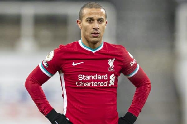 NEWCASTLE-UPON-TYNE, ENGLAND - Wednesday, December 30, 2020: Liverpool’s Thiago Alcantara during the FA Premier League match between Newcastle United FC and Liverpool FC at St. James’ Park. The game ended in a goal-less draw. (Pic by David Rawcliffe/Propaganda)