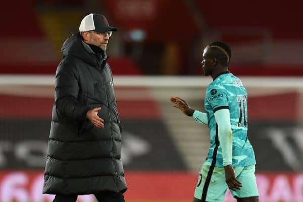 SOUTHAMPTON, ENGLAND - Monday, January 4, 2021: Liverpool's manager Jürgen Klopp (L) and Sadio Mané after the 1-0 defeat during the FA Premier League match between Southampton FC and Liverpool FC at St Mary's Stadium. Southampton won 1-0.(Pic by Propaganda)