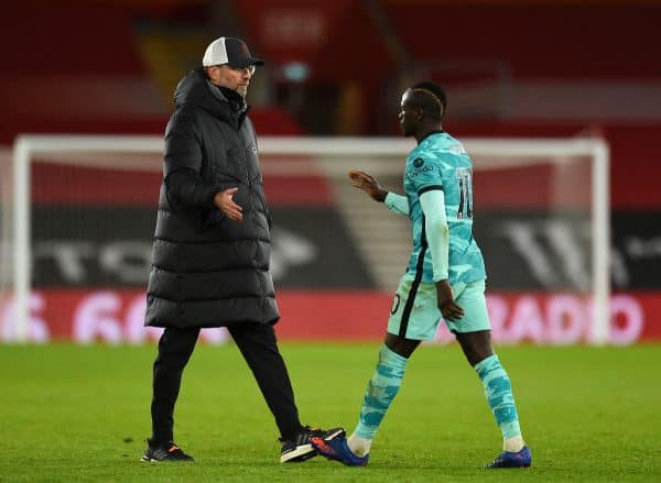 SOUTHAMPTON, ENGLAND - Monday, January 4, 2021: Liverpool's manager Jürgen Klopp (L) and Sadio Mané after the 1-0 defeat during the FA Premier League match between Southampton FC and Liverpool FC at St Mary's Stadium. Southampton won 1-0.(Pic by Propaganda)