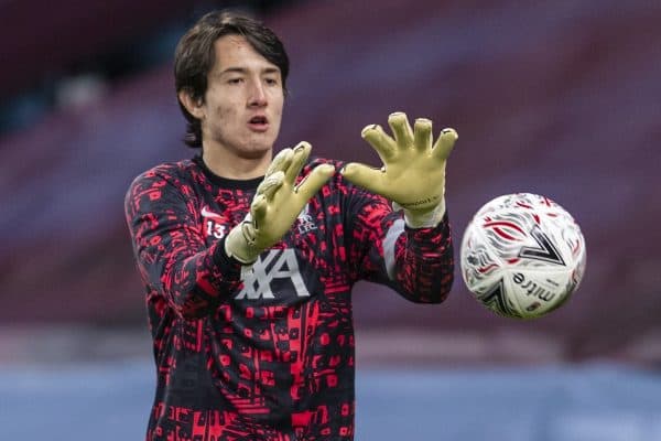 BIRMINGHAM, ENGLAND - Friday, January 8, 2021: Liverpool's goalkeeper Marcelo Pitaluga during the pre-match warm-up before the FA Cup 3rd Round match between Aston Villa FC and Liverpool FC at Villa Park. Liverpool won 4-1. (Pic by David Rawcliffe/Propaganda)