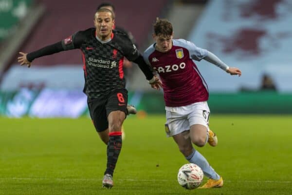 BIRMINGHAM, ENGLAND - Friday, January 8, 2021: Liverpool's Thiago Alcantara (L) and Aston Villa's Louie Barry during the FA Cup 3rd Round match between Aston Villa FC and Liverpool FC at Villa Park. Liverpool won 4-1. (Pic by David Rawcliffe/Propaganda)