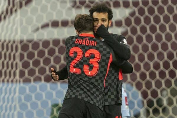 BIRMINGHAM, ENGLAND - Friday, January 8, 2021: Liverpool's Mohamed Salah (R) celebrates after scoring the fourth goal with team-mate Xherdan Shaqiri during the FA Cup 3rd Round match between Aston Villa FC and Liverpool FC at Villa Park. Liverpool won 4-1. (Pic by David Rawcliffe/Propaganda)