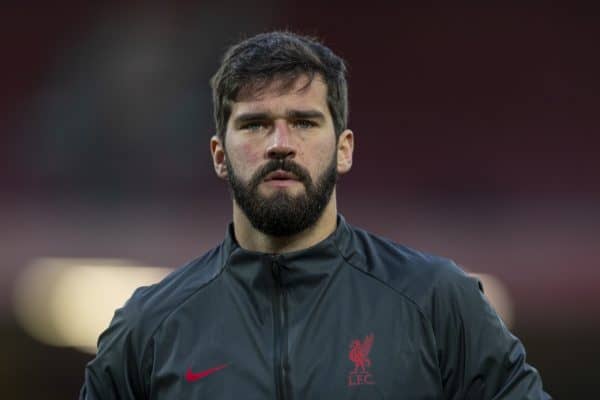 LIVERPOOL, ENGLAND - Sunday, January 17, 2021: Liverpool's goalkeeper Alisson Becker during the pre-match warm-up before the FA Premier League match between Liverpool FC and Manchester United FC at Anfield. The game ended in a 0-0 draw. (Pic by David Rawcliffe/Propaganda)
