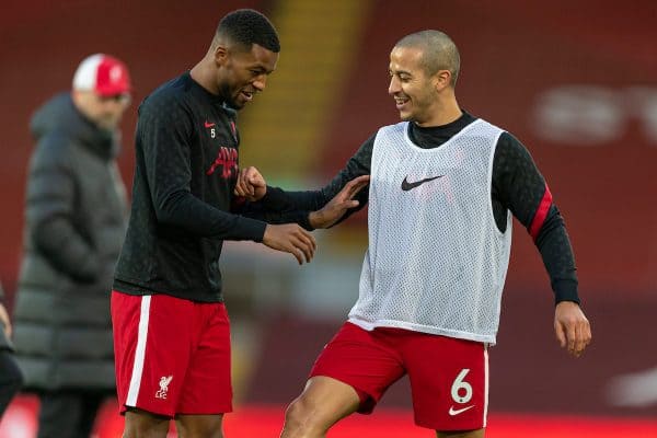 LIVERPOOL, ENGLAND - Sunday, January 17, 2021: Liverpool's Georginio Wijnaldum (L) and Thiago Alcantara during the pre-match warm-up before the FA Premier League match between Liverpool FC and Manchester United FC at Anfield. The game ended in a 0-0 draw. (Pic by David Rawcliffe/Propaganda)