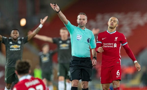 LIVERPOOL, ENGLAND - Sunday, January 17, 2021: Referee Paul Tierney (L) and Liverpool's Thiago Alcantara during the FA Premier League match between Liverpool FC and Manchester United FC at Anfield. The game ended in a 0-0 draw. (Pic by David Rawcliffe/Propaganda)