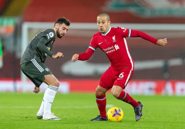 LIVERPOOL, ENGLAND - Sunday, January 17, 2021: Liverpool's Thiago Alcantara during the FA Premier League match between Liverpool FC and Manchester United FC at Anfield. The game ended in a 0-0 draw. (Pic by David Rawcliffe/Propaganda)