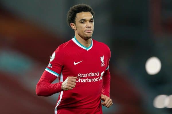 LIVERPOOL, ENGLAND - Sunday, January 17, 2021: Liverpool's Trent Alexander-Arnold during the FA Premier League match between Liverpool FC and Manchester United FC at Anfield. The game ended in a 0-0 draw. (Pic by David Rawcliffe/Propaganda)