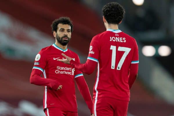 LIVERPOOL, ENGLAND - Sunday, January 17, 2021: Liverpool's Mohamed Salah (L) and Curtis Jones after the FA Premier League match between Liverpool FC and Manchester United FC at Anfield. The game ended in a 0-0 draw. (Pic by David Rawcliffe/Propaganda)