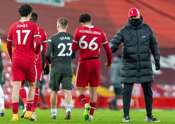 LIVERPOOL, ENGLAND - Sunday, January 17, 2021: Liverpool's manager Jürgen Klopp (R) with Trent Alexander-Arnold after the FA Premier League match between Liverpool FC and Manchester United FC at Anfield. The game ended in a 0-0 draw. (Pic by David Rawcliffe/Propaganda)