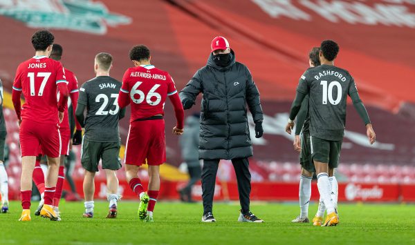 LIVERPOOL, ENGLAND - Sunday, January 17, 2021: Liverpool's manager Jürgen Klopp (R) with Trent Alexander-Arnold after the FA Premier League match between Liverpool FC and Manchester United FC at Anfield. The game ended in a 0-0 draw. (Pic by David Rawcliffe/Propaganda)